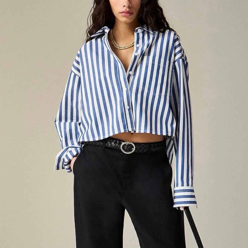 NWT J.Crew Etienne Cropped Button-Up Shirt In Striped Cotton Poplin Blue XXS